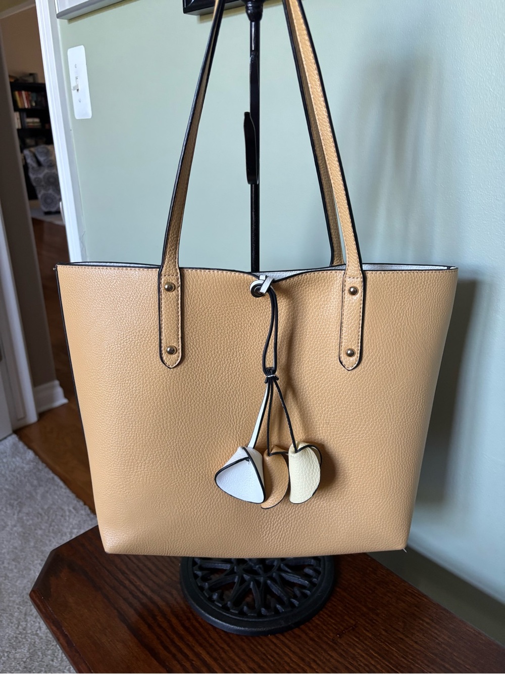 Tan Pebbled Leather Tote Bag with Decorative Charms